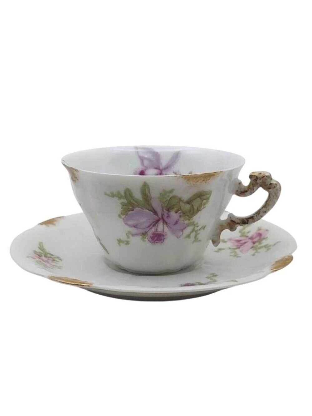 Antique C Ahrenfeldt Purple Floral Porcelain Tea Cup Saucer Set Limoges France